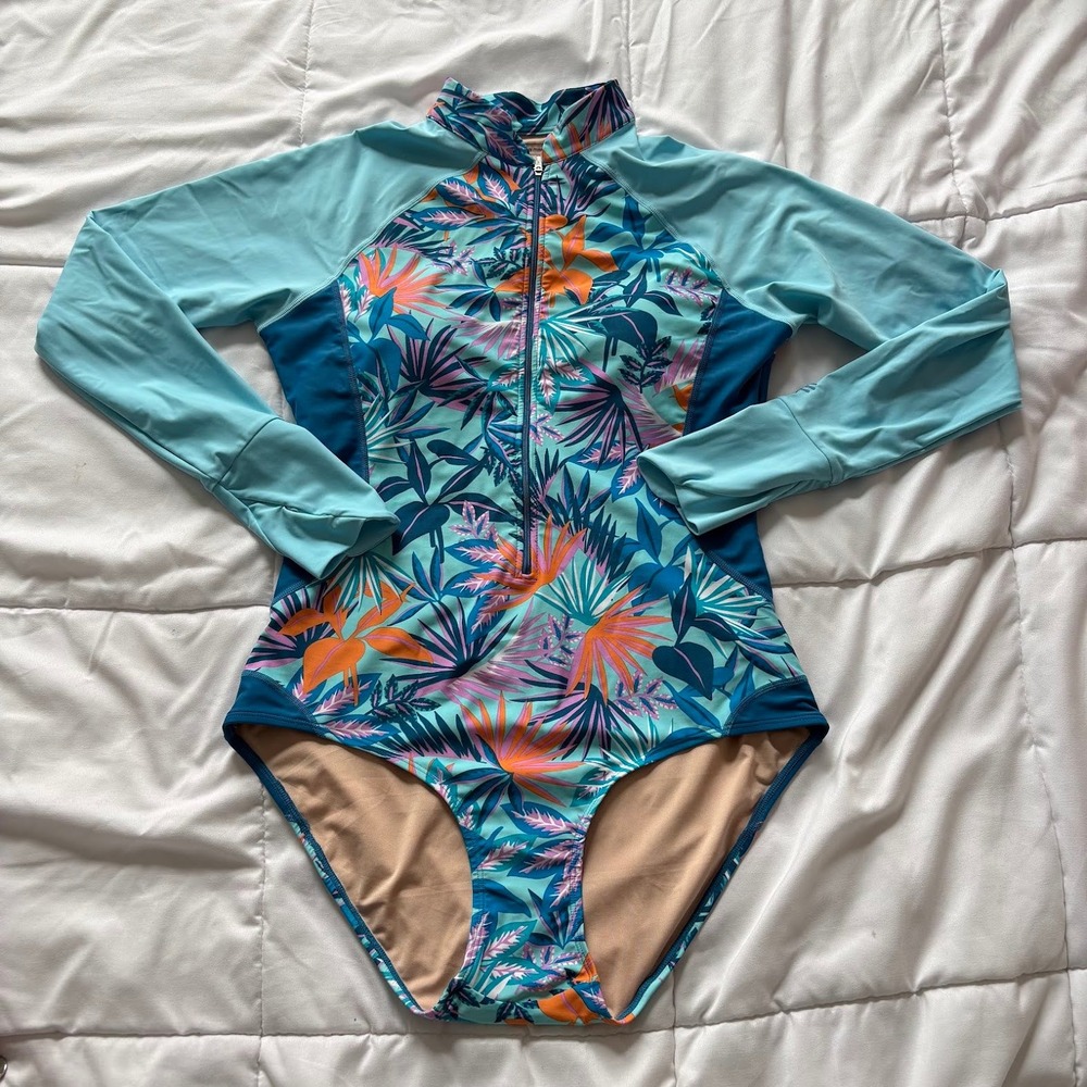 Coolibar Escalante High Neck Swimsuit L UPF 50+ Long Sleeve Tropical Floral Blue